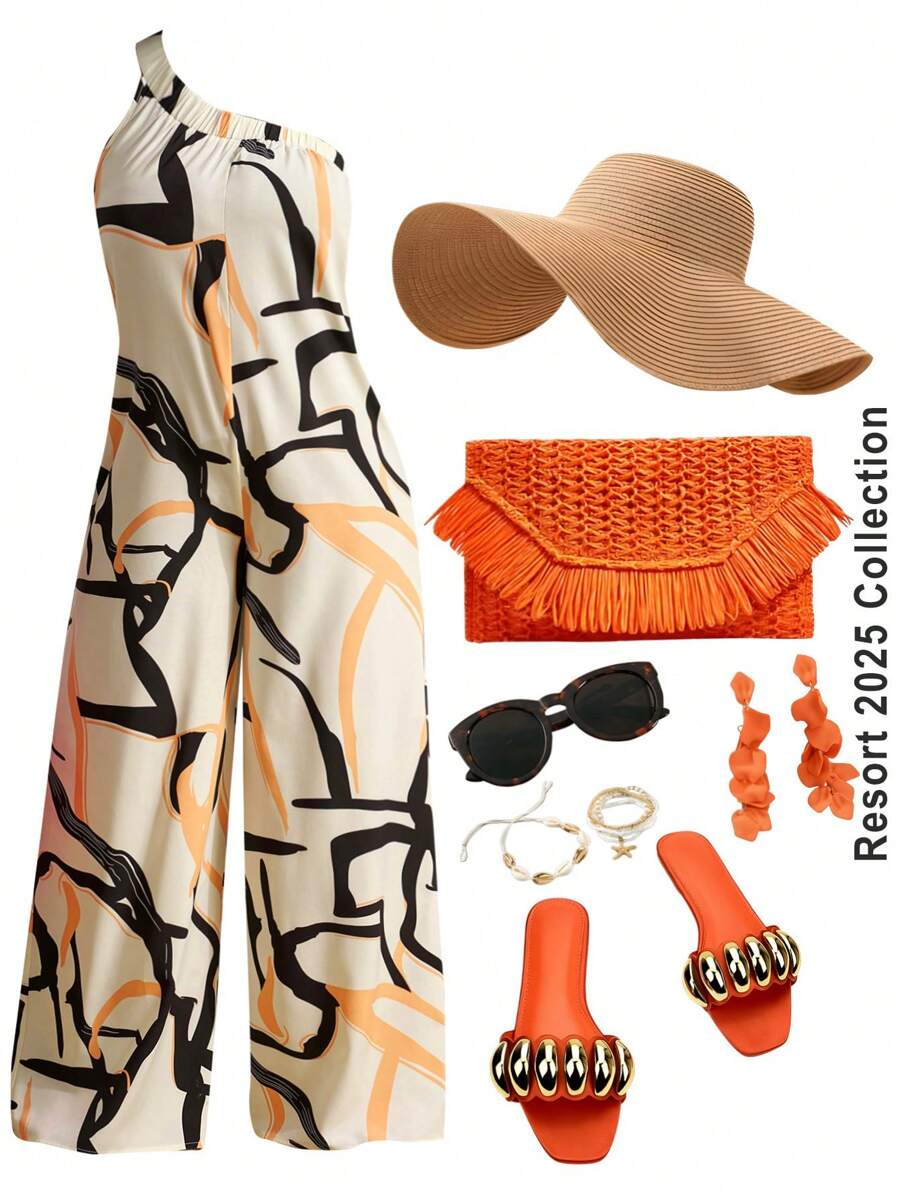 Slaydiva 2025新款夏季度假宽松单肩无袖阔腿印花连体裤 - 彩色 - 查看 1