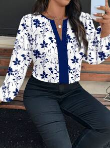 SHEIN Clasi Casual Retro Bloemenprint Ronde Hals Lange Mouw Plus Size Shirt, Geschikt Voor Lente/Zomer