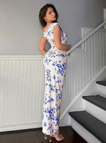 Firerie Women's Spring Floral Print Elegant Romantic Fashion Commuter Sexy Graceful Style Dress, Suitable For Party, Vacation, Romantic Date And Wedding Birthday Valentine's Day, Blue Floral Bodycon Dress, Asymmetrical Neck Ruched Bodycon Dress, Summer