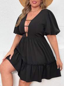 SHEIN Clasi Váy ngắn chữ A tay loe cổ chữ V cỡ lớn cho nữ, màu đen - màu đen - Xem 4