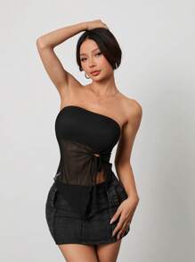SHEIN PETITE Top asimétrico de dos piezas con dobladillo asimétrico, cordón decorativo con efecto de lechuga en los lados - Multicolor - Ver 4