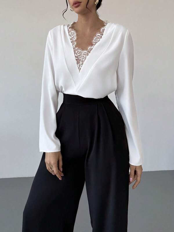 Firerie Nueva camisa elegante y romántica de manga larga con escote en V profundo, parche de encaje blanco, para el Día de San Valentín