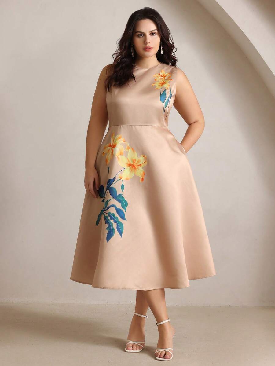 Anewsta Robe de vacances élégante et romantique à imprimé floral sans manches pour femme