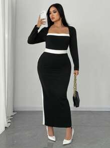 SHEIN Unity PLUS SIZE Square Neck Color Block Fitted Women Dress Maxi Women Outfit Fall Cloth For Women - Black and White - View 1