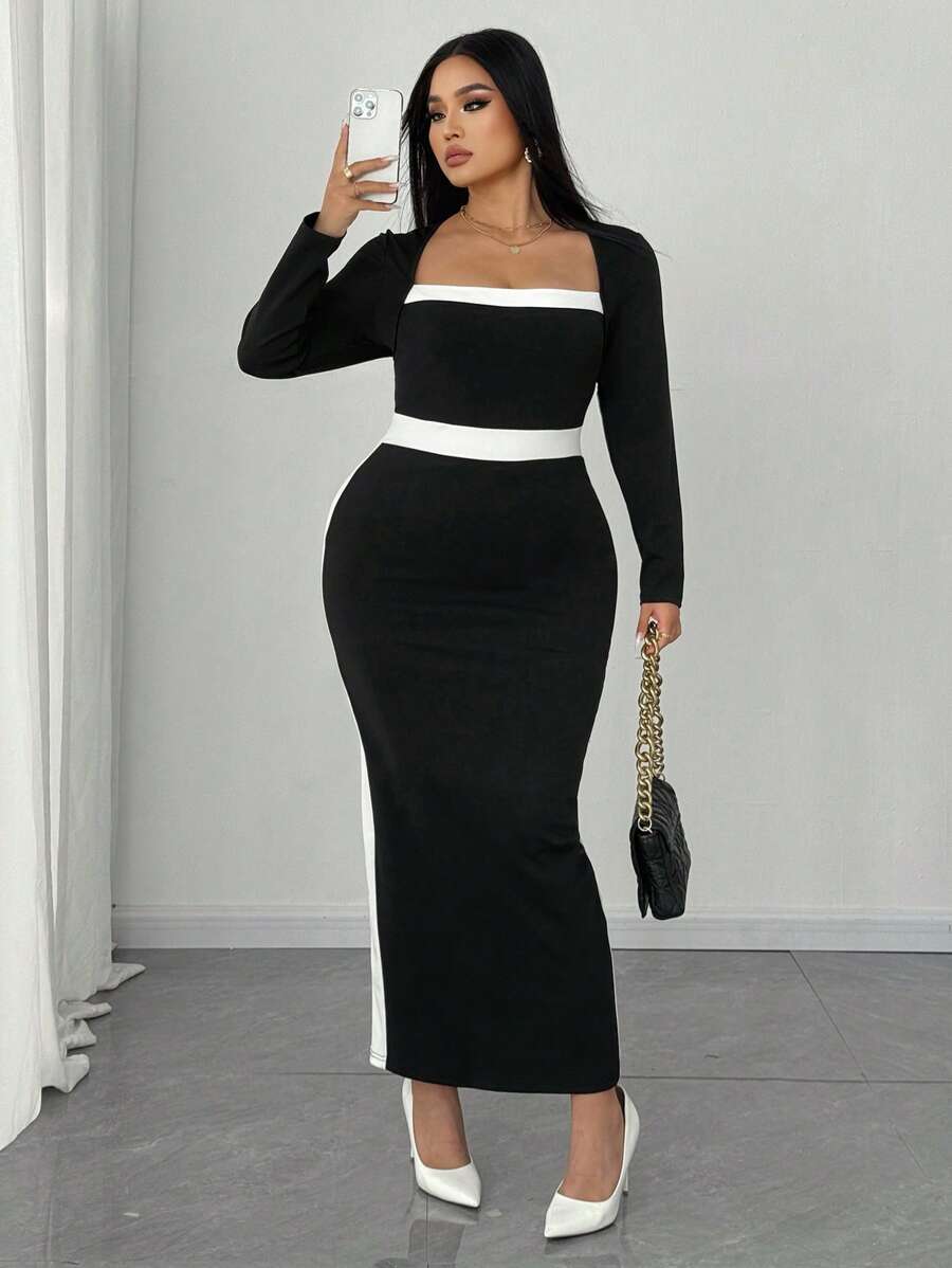 SHEIN Unity PLUS SIZE Square Neck Color Block Fitted Women Dress Maxi Women Outfit Fall Cloth For Women - Black and White - View 1