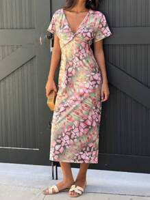 Selianne 女士印花短袖扭结休闲长裙，随机印花 - 彩色 - 查看 4