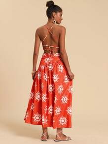 Travachic 编织印花交叉后背高低下摆女式连衣裙 - 紅色 - 查看 2
