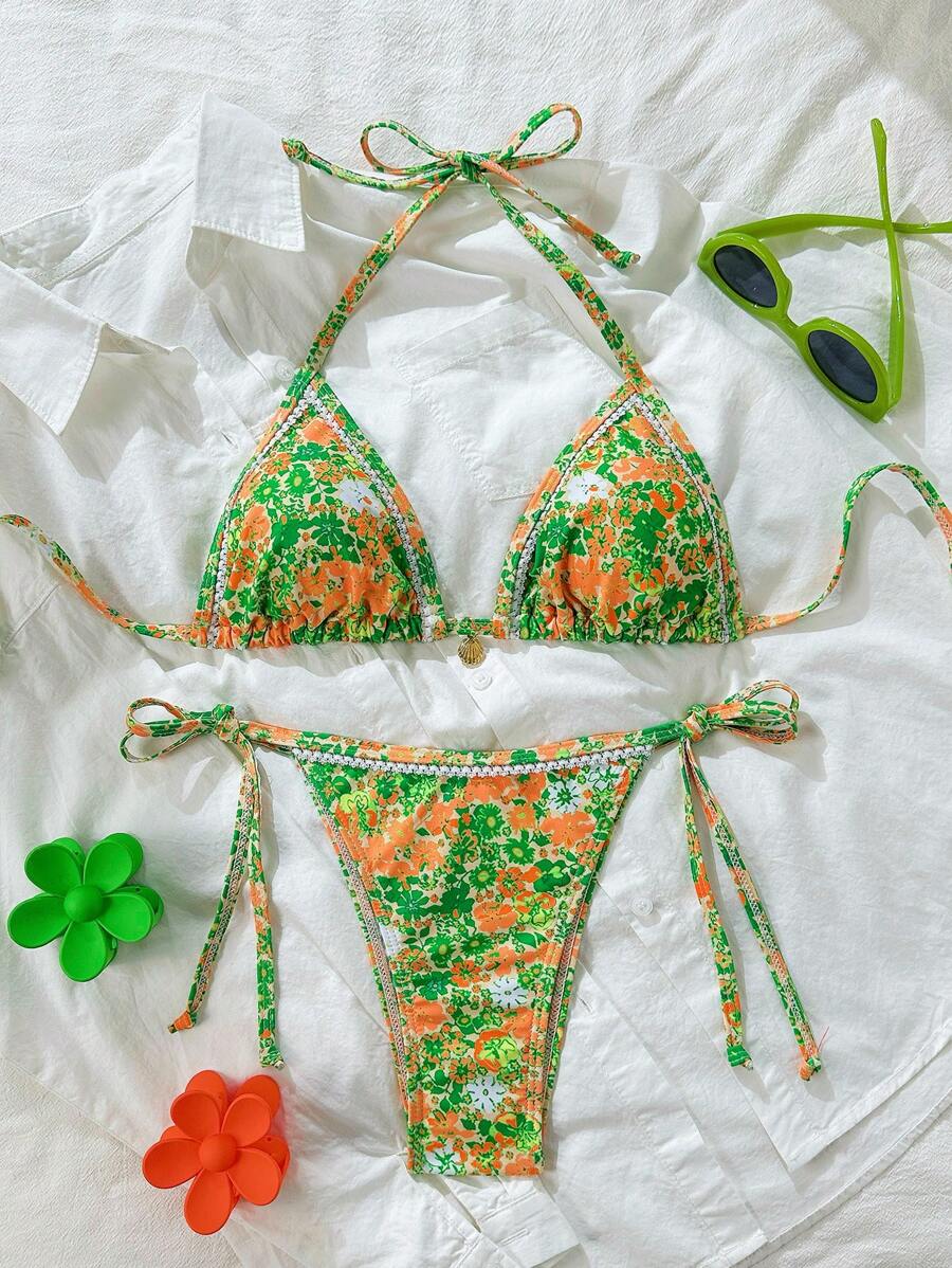 Swim Mod Springbreak Women Ditsy Floral Random Spaghetti Strap Frilled 2 Pieces Bikini Beachwear Set For Summer Beach Vacation - Multicolor - View 1