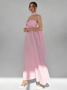 Aloruh Nuevo vestido plisado sin tirantes, vestido romántico de color rosa sólido fluido hasta los tobillos para vacaciones, citas, fiestas