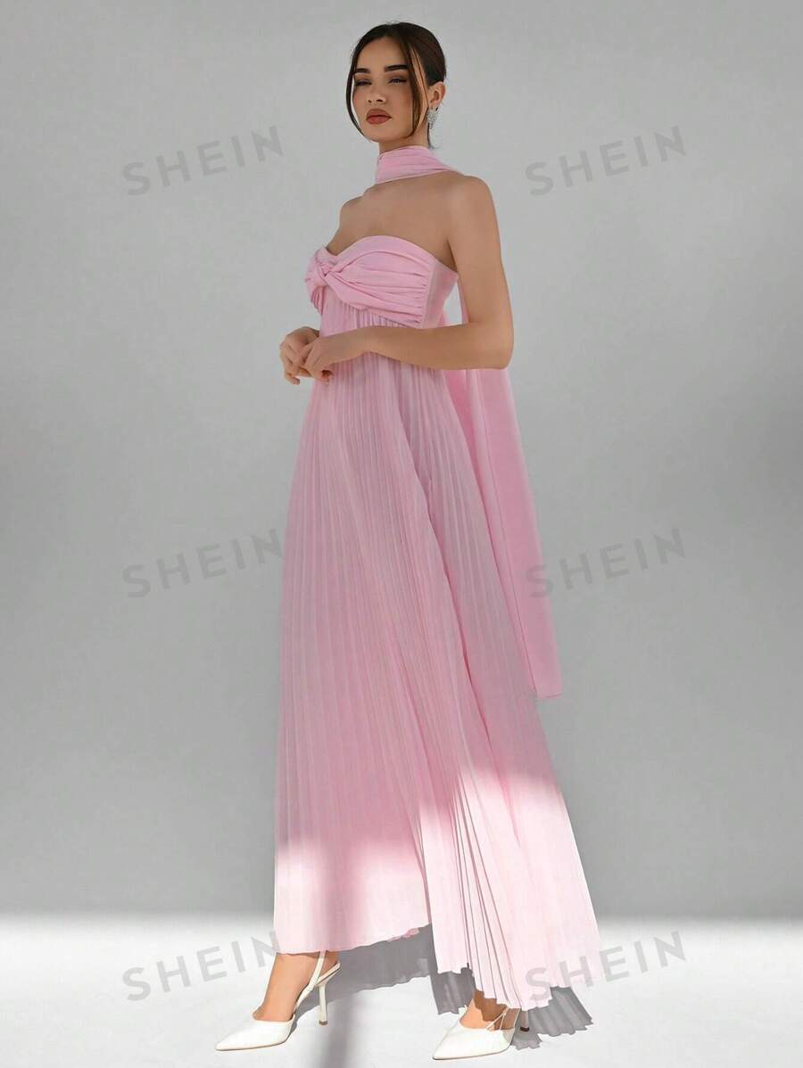 Aloruh Nuevo vestido plisado sin tirantes, vestido romántico de color rosa sólido fluido hasta los tobillos para vacaciones, citas, fiestas