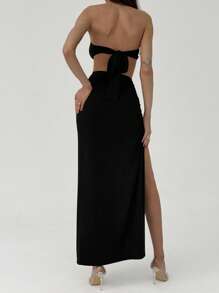 Aloruh Conjunto de 2 piezas de top tubo súper corto y falda con abertura alta con decoración de metal para mujer