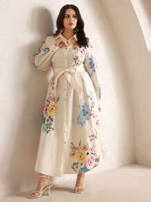 Anewsta 女士优雅餐饮、聚会、度假腰部褶皱花卉印花衬衫裙 - 杏色 - 查看 7