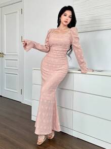 Modelyn Off Shoulder Jacquard Knit Ruched Flare Sleeve Fish Tail Hem Long Dress For Women - Pink - View 5