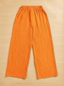 SHEIN Essnce Summer Casual Solid Color Textured Wide Leg Cropped Pants - Orange - View 2
