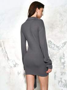 SHEIN LUNE 女式翻领修身休闲优雅长袖迷你连衣裙 - 灰色 - 查看 2