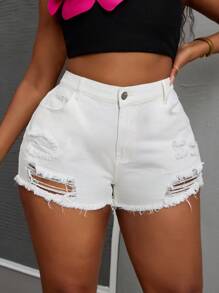 SHEIN SXY Plus Size Women Distressed Pockets Raw Hem Casual Denim Shorts