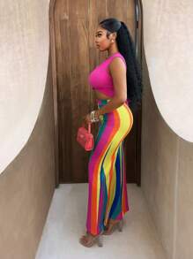 BamGleam Women's Solid Deep V Crop Tank Top And Striped Pants 2 Pieces Outfit, Fashionable