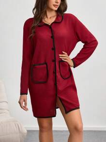 Two-Tone Waffle Knit Women's Bathrobe - Burgundy - View 3