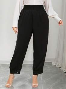 SHEIN Clasi Plus Size Sequins Patchwork Side Slit Tapered Pants - Black - View 3