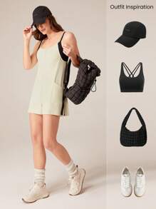 GLOWMODE Modal Ribbed Easy Move Spaghetti Straps Romper Jumpsuit With Side Large Pocket Daily Casual Spring Summer