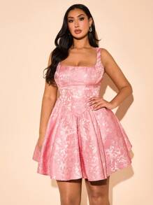 SHEIN BAE 大码女式优雅性感蝴蝶结 V 领提花缎面 A 字裙，适合返校、短款法式连衣裙、鸡尾酒会、生日、伴娘、简洁优雅的日常连衣裙、婚礼、宴会、毕业礼服 - 粉色 - 查看 4