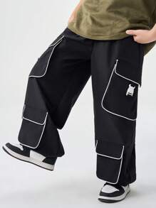 SHEIN 青少年春夏时尚抽绳腰休闲翻盖口袋工装裤，街头风长款宽松黑色裤子 - 黑色 - 查看 3