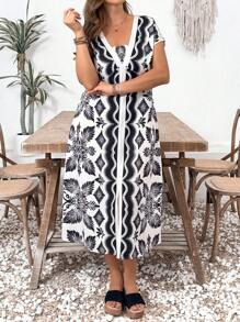 Breezaya Vestido de longitud media con estampado de pañuelo, de unicolor, de manga corta y escote en V para mujer de talla grande