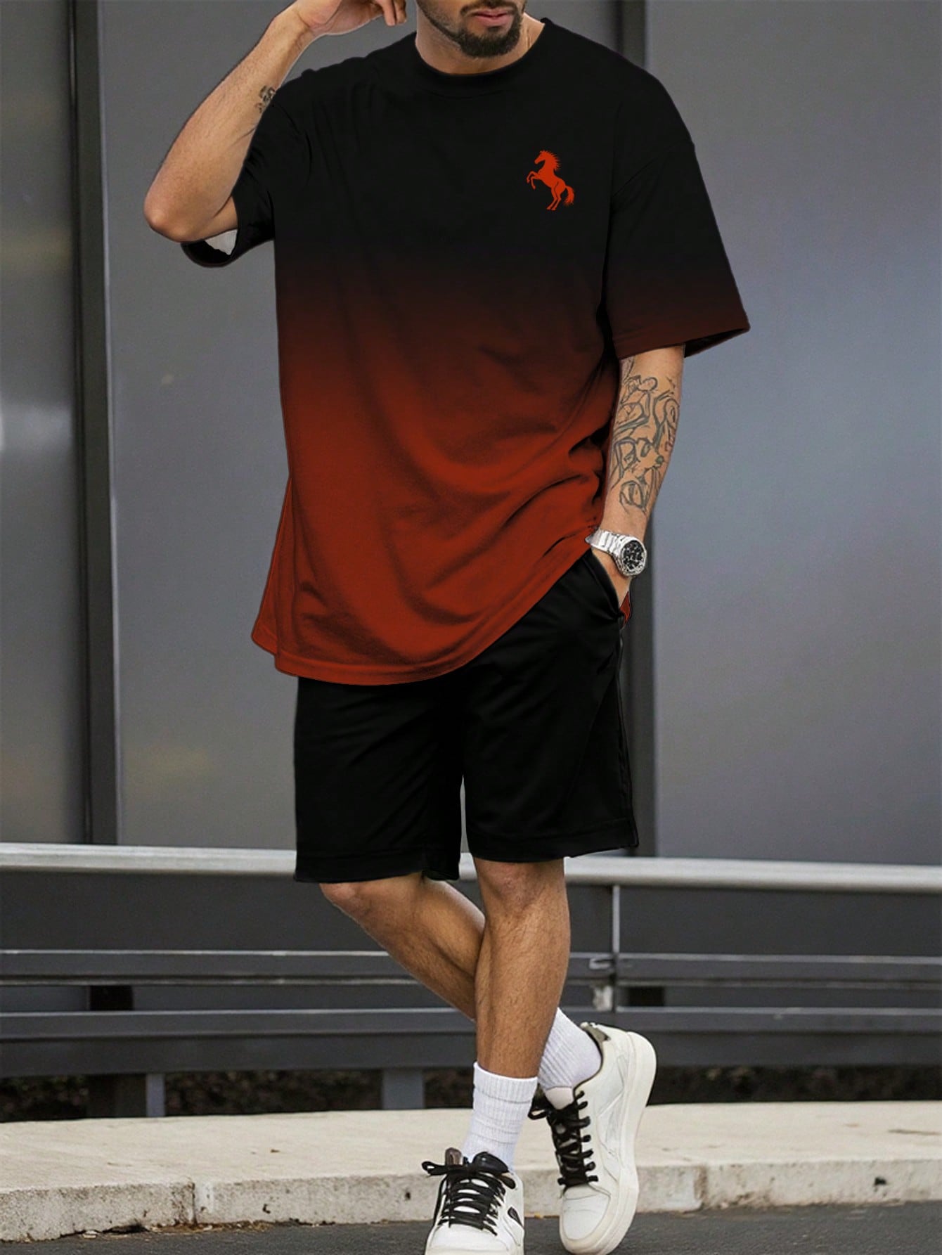 Manfinity Dauomo Men's Mustang Gradient Print Round Neck Short Sleeve T-Shirt And Shorts Casual Loose Two-Piece Set