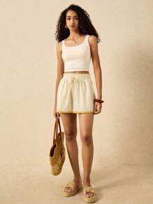 Poéselle Women's Holiday Casual Embroidered Trim Shorts, Women Summer Shorts, Summer Outfits For Women Shorts