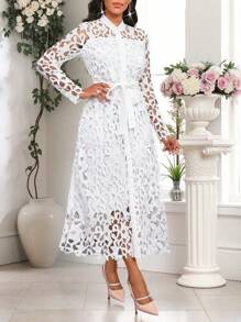 SHEIN Lady 女士纯色蕾丝连衣裙优雅浪漫女士连衣裙 - 白色 - 查看 6
