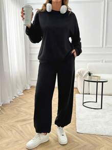 EURMUSE Women Solid Color Two Pieces Sweatshirts And Sweatpants Sets - Black - View 6