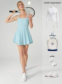 GLOWMODE Vestido deportivo de verano ligero y de secado rápido VitalSwift con espalda cruzada tipo "peekaboo", shorts antideslizantes incorporados, bolsillos laterales para uso diario y casual en primavera y verano - Azul Agua - Ver 8