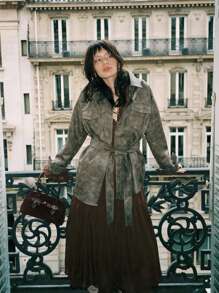 Poéselle Women's Brown PU Button Front Pockets Belted Long Sleeve Regular Coat Autumn Winter Clothes For Women - Brown - View 5