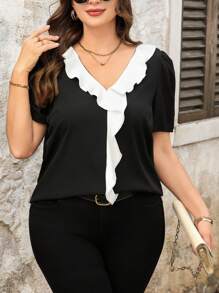 SHEIN Clasi Plus Size Women Black&White Contrast Ruffle Trim Vacation Shirt