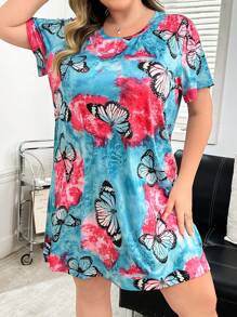 Ombre Butterfly Print Casual Round Neck Short Sleeve Plus Size Nightgown - Multicolor - View 3