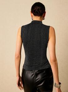 SHEIN Frenchy 小高領金屬亮絲背心上衣 - 黑色 - 查看 2