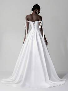 Elitara Plus Size Elegant Off-Shoulder Bowknot Mermaid Tail Wedding Dress Set With Detachable Faux Pearl Chain, Adjustable Back Tie And Asymmetrical Hem, Oversized A-Line Silhouette