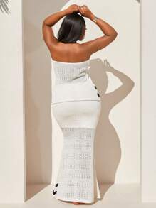 SHEIN SXY Plus Size Women's Spring/Summer Crochet Fabric Strapless Top Paired With Fish Tail Hem Mini Skirt, 2 Pieces Set, Suitable For Date Night, Birthday, Bachelorette Party Outfit, Cute, Casual, Shopping, Streetwear, Going Out, Easy To Match & Looks Slim, Accentuates Your Body, Flattering Fit