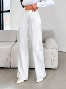 EURMUSE WOMEN TALL STRIPED BUTTON DETAILED CASUAL PANTS - White - View 4