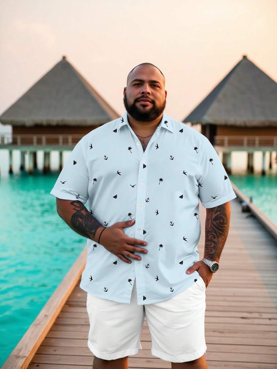 Manfinity RSRT Modisch lässiger Urlaubsstil Silhouetten-Muster Knopfleiste Kurzarm Slim Fit Hemd für Herren, Große Größen, ideal für Urlaub, Ausflüge, Dates und als Geschenk für den Freund