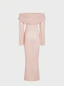 SHEIN Unity 女士纯色露肩长袖超长针织毛衣连衣裙，秋冬 - 粉色 - 查看 2