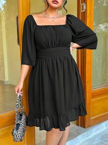 SHEIN EZwear Vestido negro de línea A con cintura y tirantes de gasa, talla grande, para primavera/verano - Negro - Ver 6