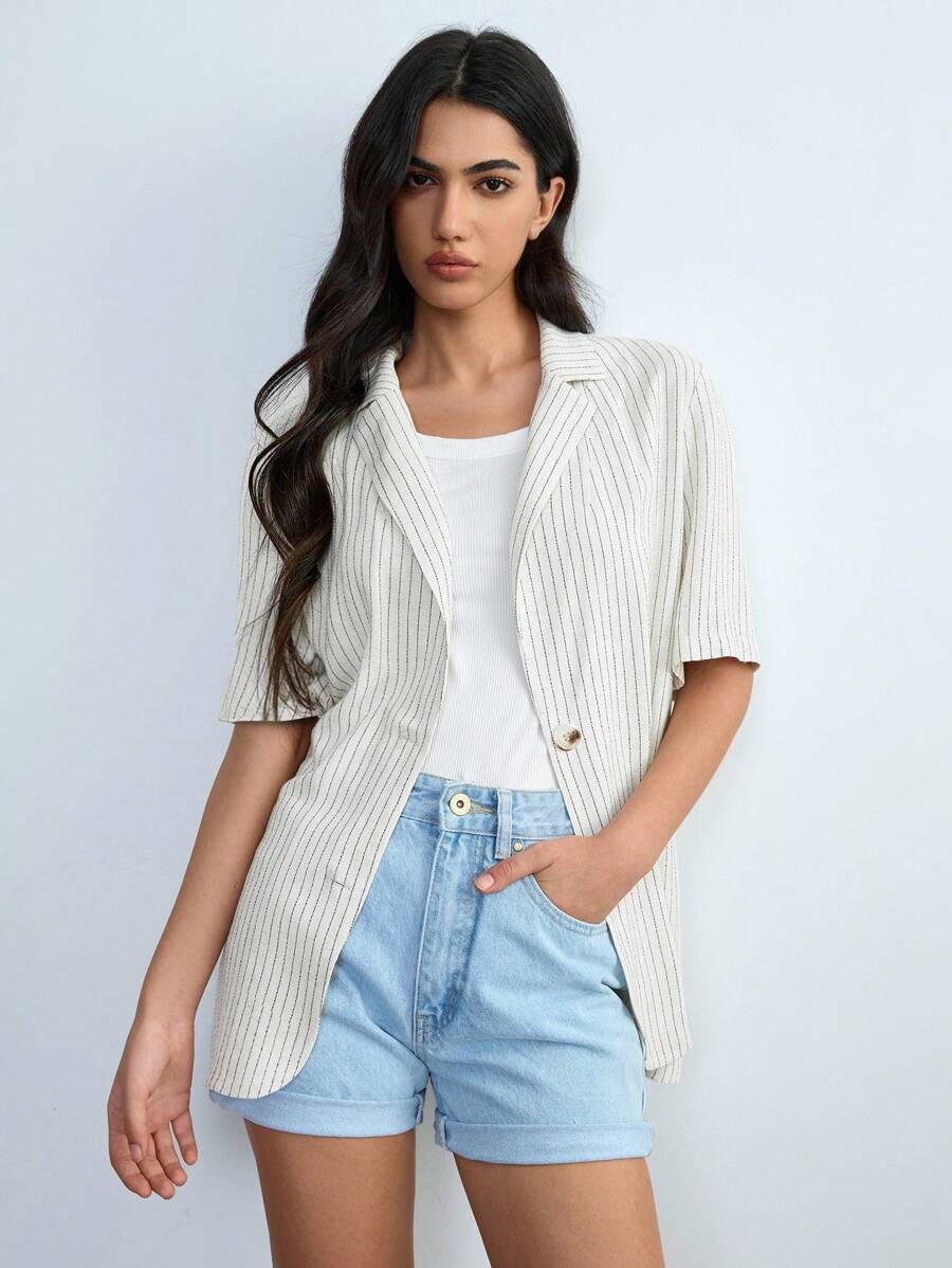 Chiquease Women's Casual Linen Turn-Down Collar Striped Lightweight Suit Jacket, Spring/Summer