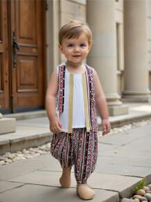 SHEIN 2pcs Baby Boy Traditional Retro Pattern Round Neck Short Sleeve Top And Elastic Waist Ankle Length Pants Set - Multicolor - View 9