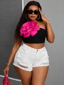 SHEIN SXY Plus Size Women Distressed Pockets Raw Hem Casual Denim Shorts