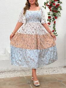 Breezaya Vestido midi elegante de vacaciones para mujeres con cuello cuadrado, mangas con volantes, parche de contraste de color y estampado floral en talla grande