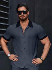 Manfinity Homme Men's Casual Simple Contrast Trim Short Sleeve Shirt