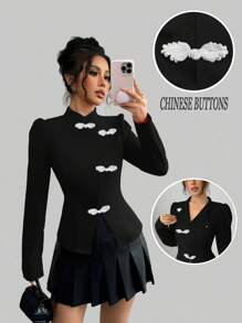 Chiquease 女装中国新年圆盘纽扣旗袍领优雅约会圣诞节情人节度假演唱会复活节约会商务休闲春季舒适长袖里料松紧腰不对称原创黑白上衣 - 黑色 - 查看 7