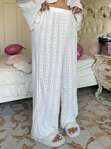 Plus Size Solid Color Simple Neck Casual Long Pants, For Daily Wear And Lounging Fall Cloth For Women - White - View 3