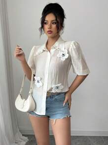 Elenzga Blusa de botones con mangas abombadas y diseño floral 3D elegante y de moda para mujer, ropa de resort para mujer